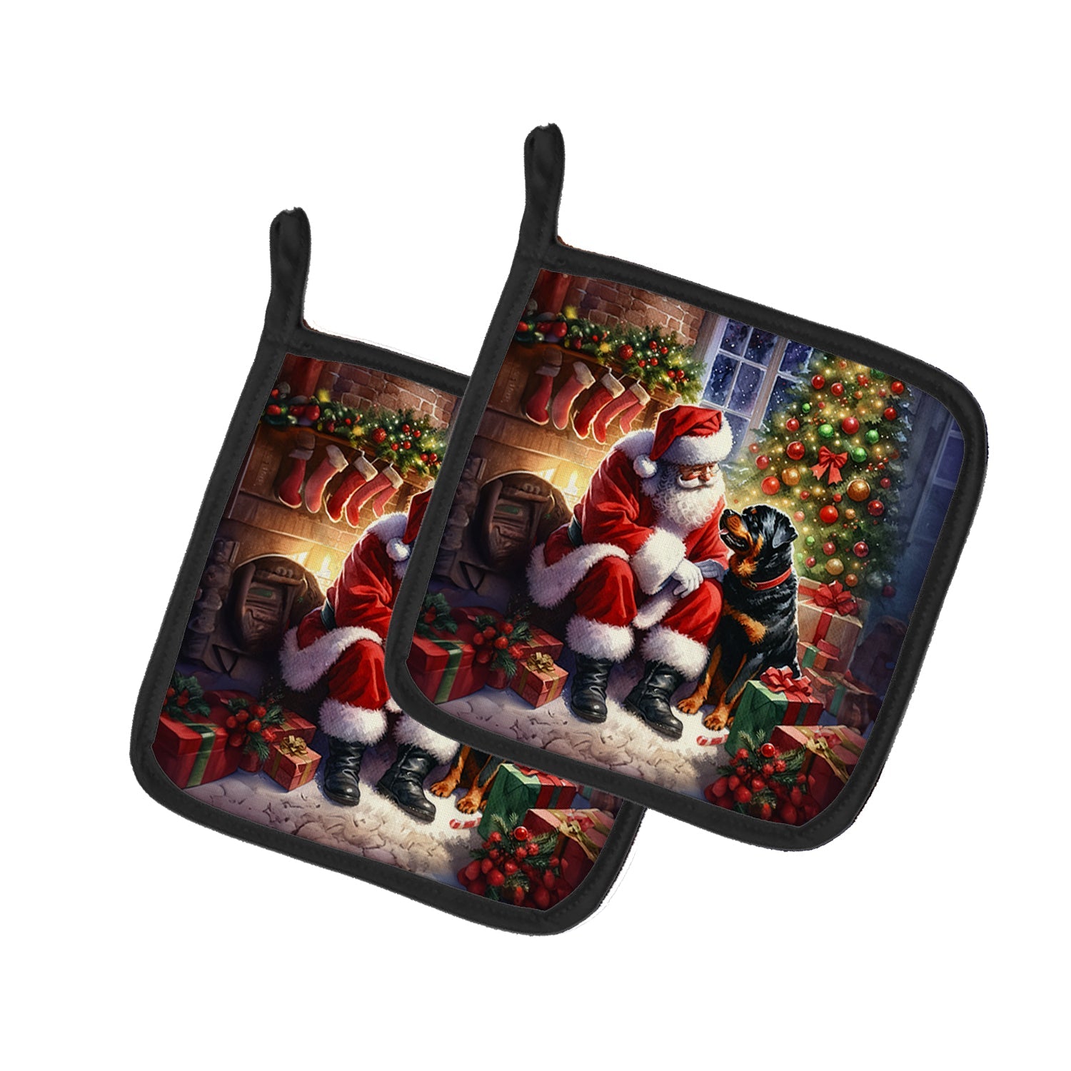 Rottweiler and Santa Claus Pair of Pot Holders
