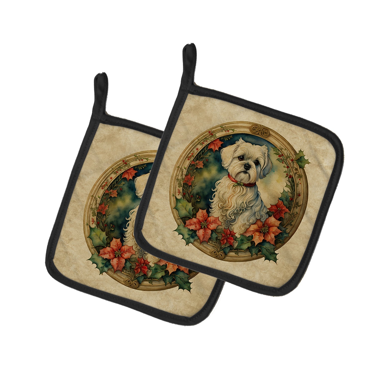 Maltese Christmas Flowers Pair of Pot Holders