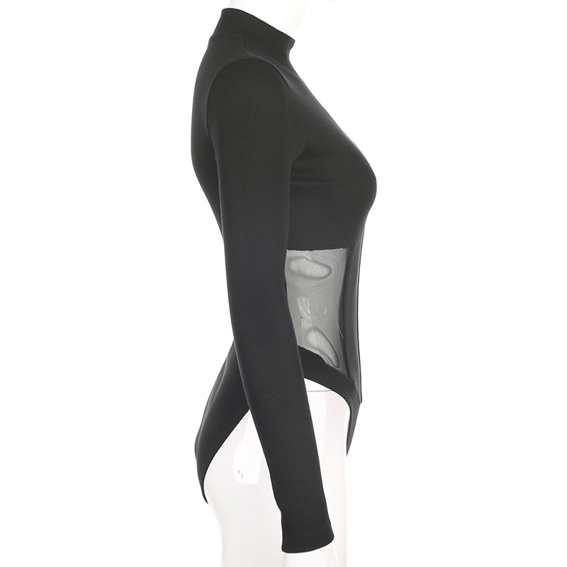 High Neck Long Sleeve Bodysuit with Mesh Details