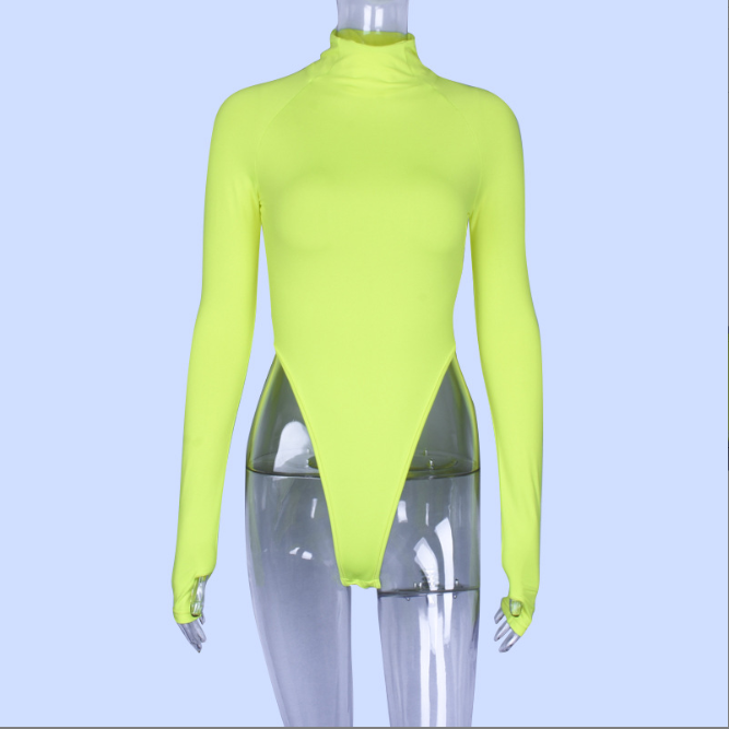 Neon Green High Neck Long Sleeve Women's Bodysuit
