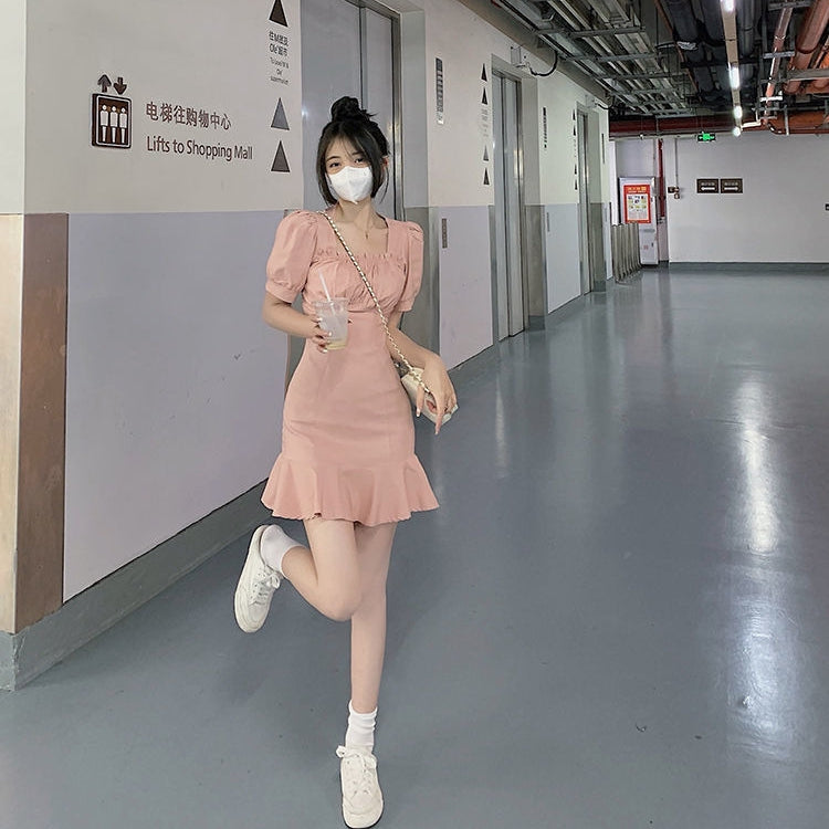 Women's Puff Sleeve Pink Summer Dress for Daily Wear