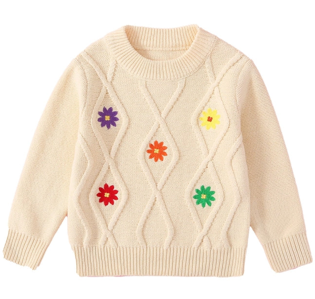 Girls' Embroidered Flower Round Neck Sweater Jacket