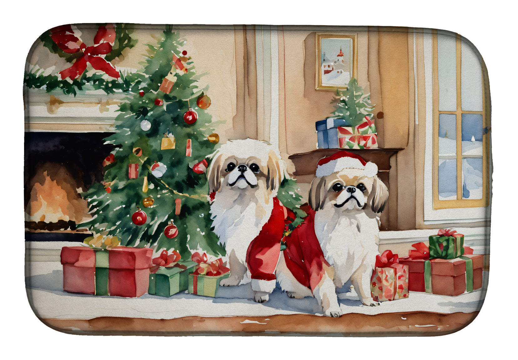 Pekingese Cozy Christmas Dish Drying Mat