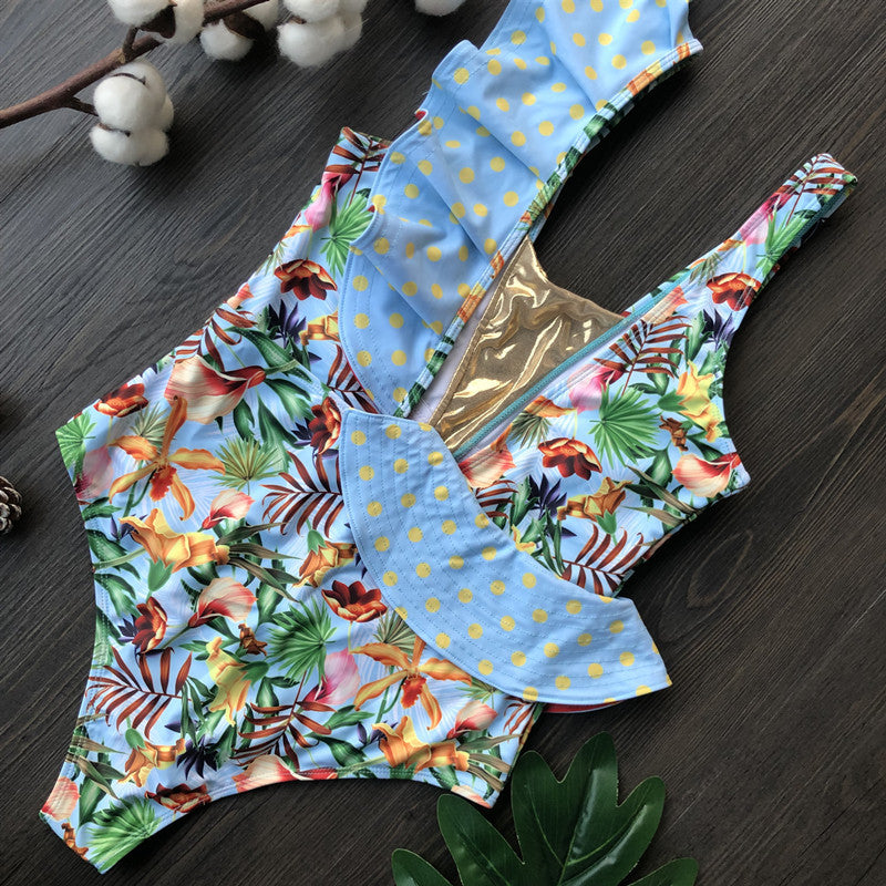 Tropical Bird Print Ruffle One-Piece Swimsuit