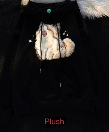 Embroidered Kitten Women's Fleece-lined Hooded Sweatshirt | Streetwear