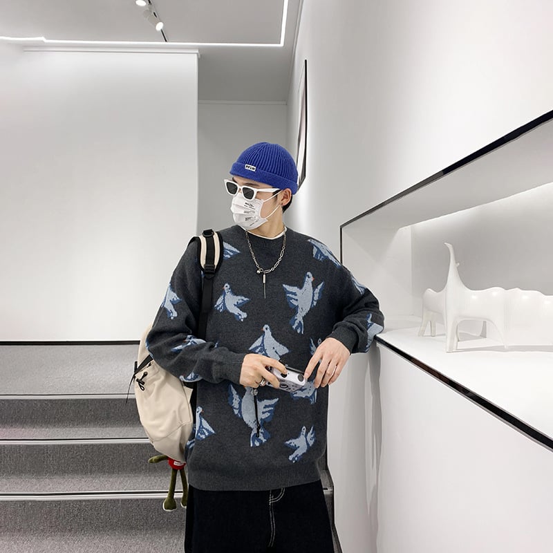 Men's Loose Dove Jacquard Knit Pullover Sweater | Streetwear