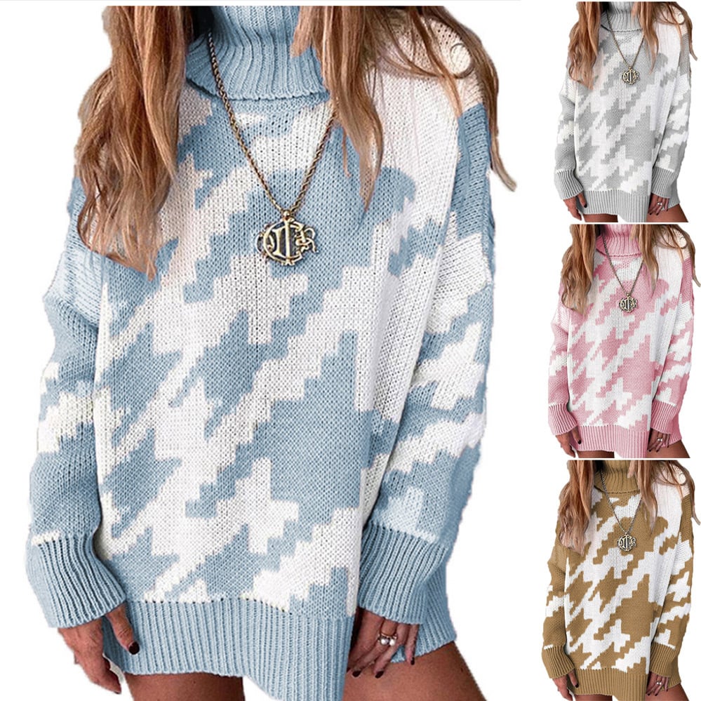 Women's Contrast Color Lapel Mid-Length Sweater