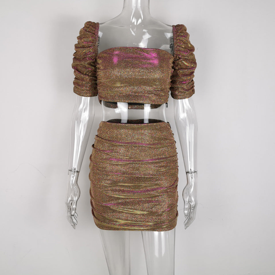 Shiny Crop Top and Skirt Set for Night Out