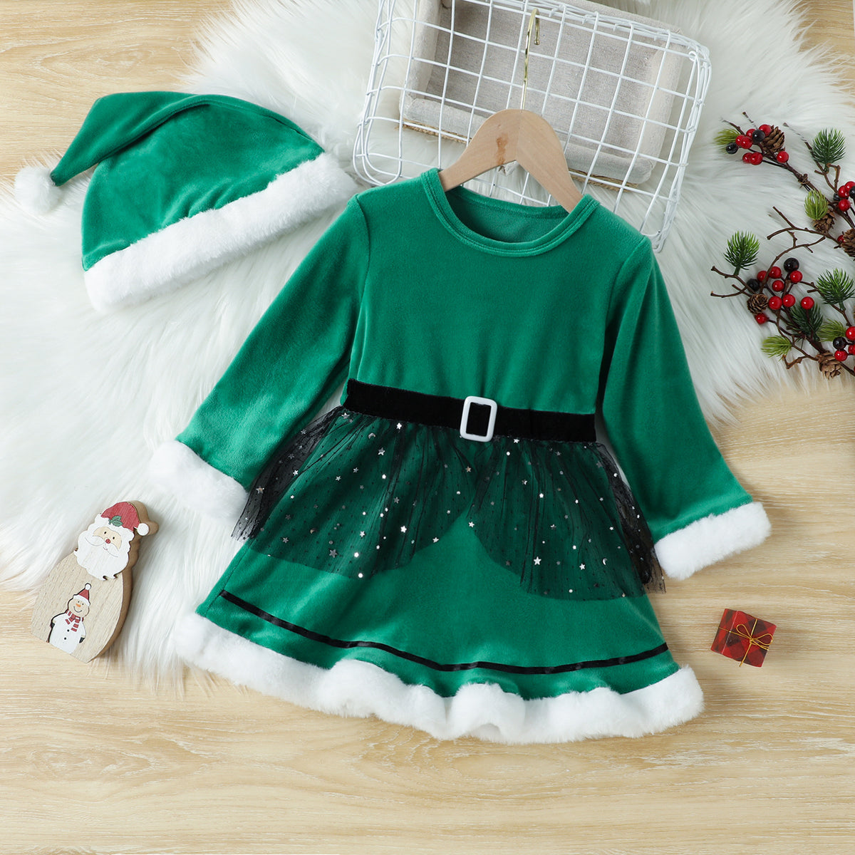 Korean Velvet Long Sleeve Dress for Girls' Christmas