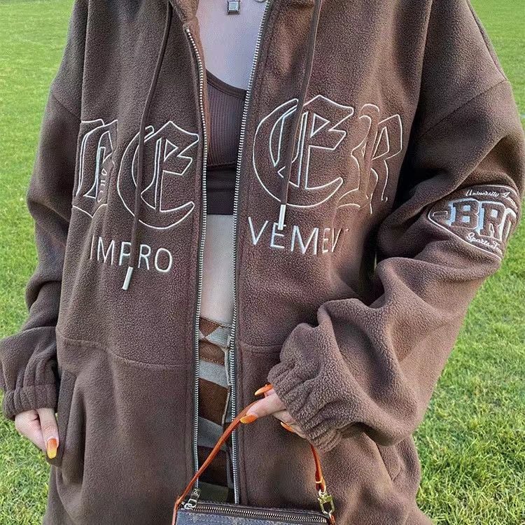 American Retro Fleece Hooded Cardigan for Autumn