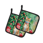 Arabian Mau Cat By the Christmas Tree Pair of Pot Holders