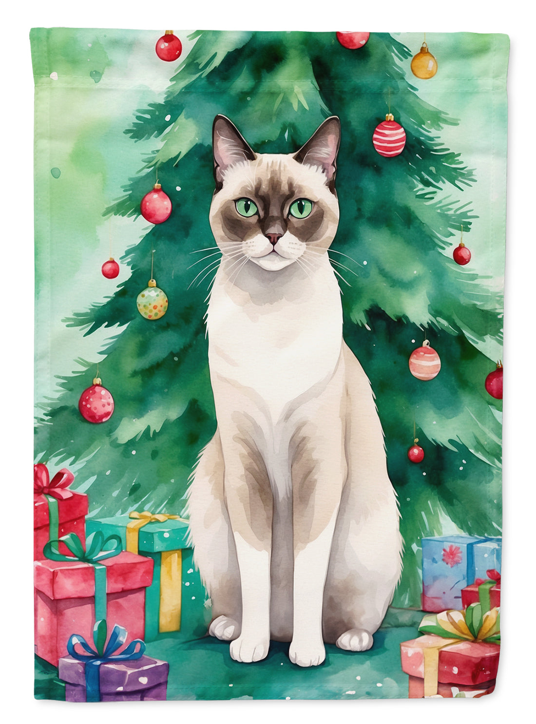 Snowshoe Cat By the Christmas Tree House Flag