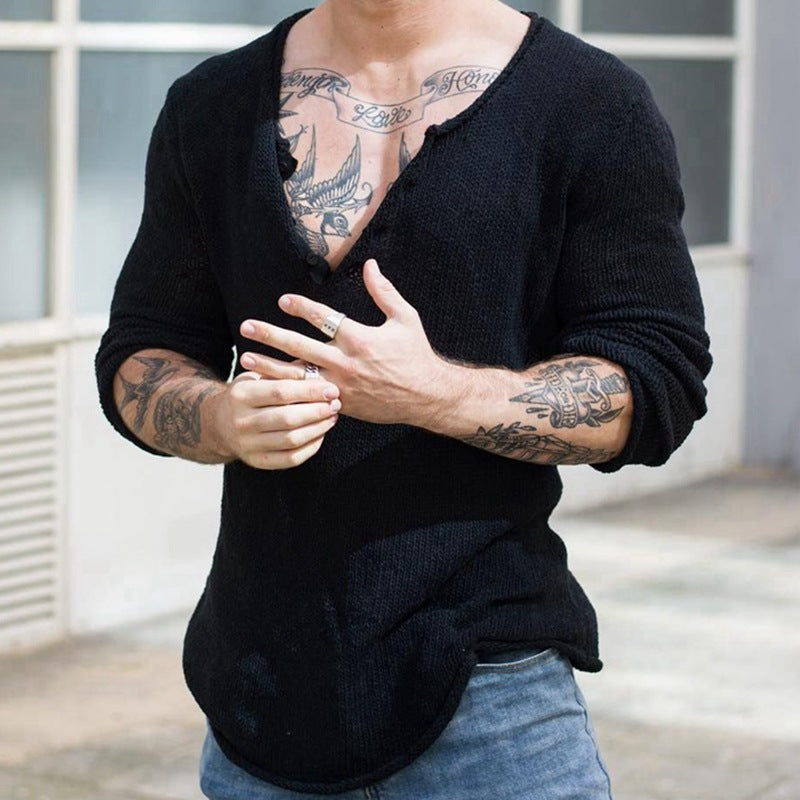 Men's V-Neck Pullover Sweater - Solid Color, Large Size | Streetwear