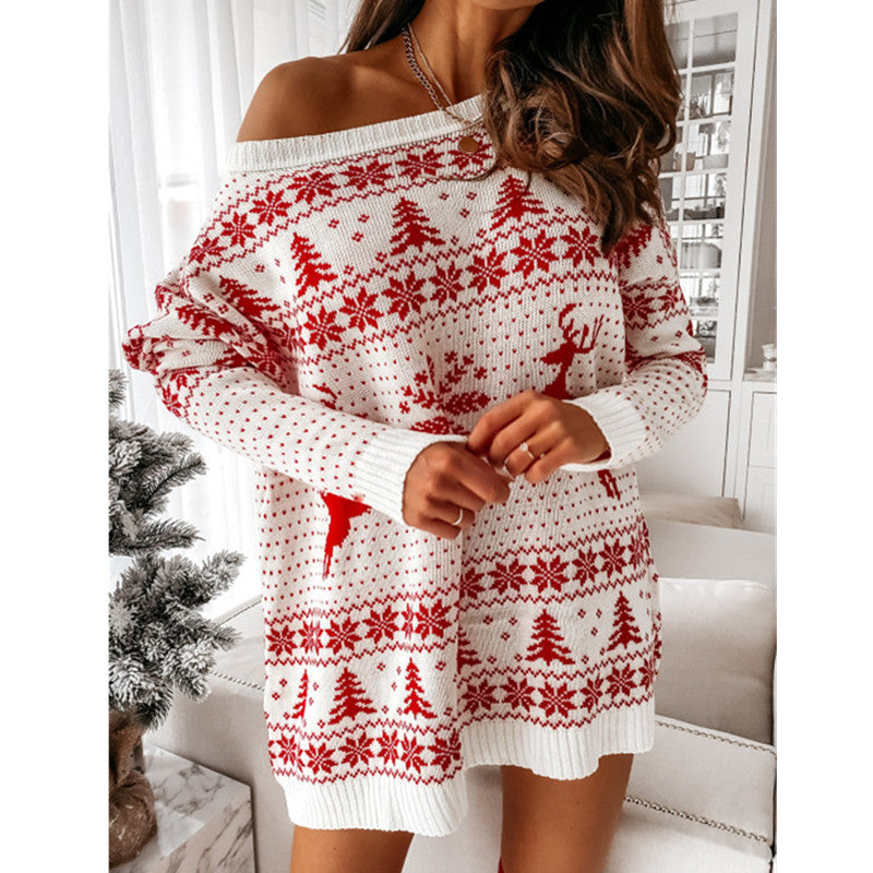 Ladies Christmas Jacquard Long Sleeve Knit Dress