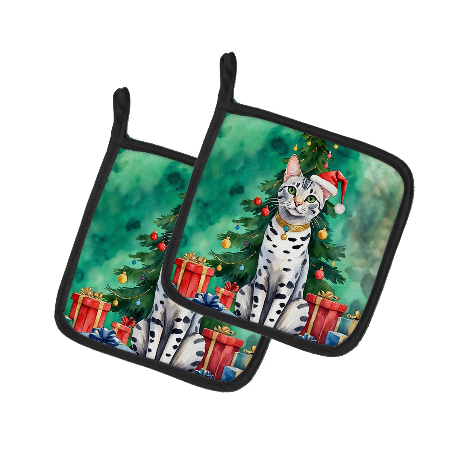 Egyptian Mau Cat By the Christmas Tree Pair of Pot Holders