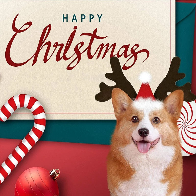 Christmas Dog Reindeer Headband with Santa Hat