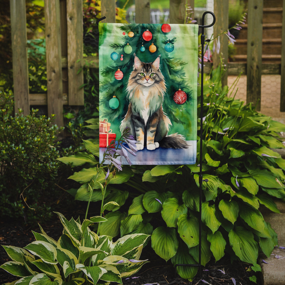 MaineCoon Cat By the Christmas Tree Garden Flag