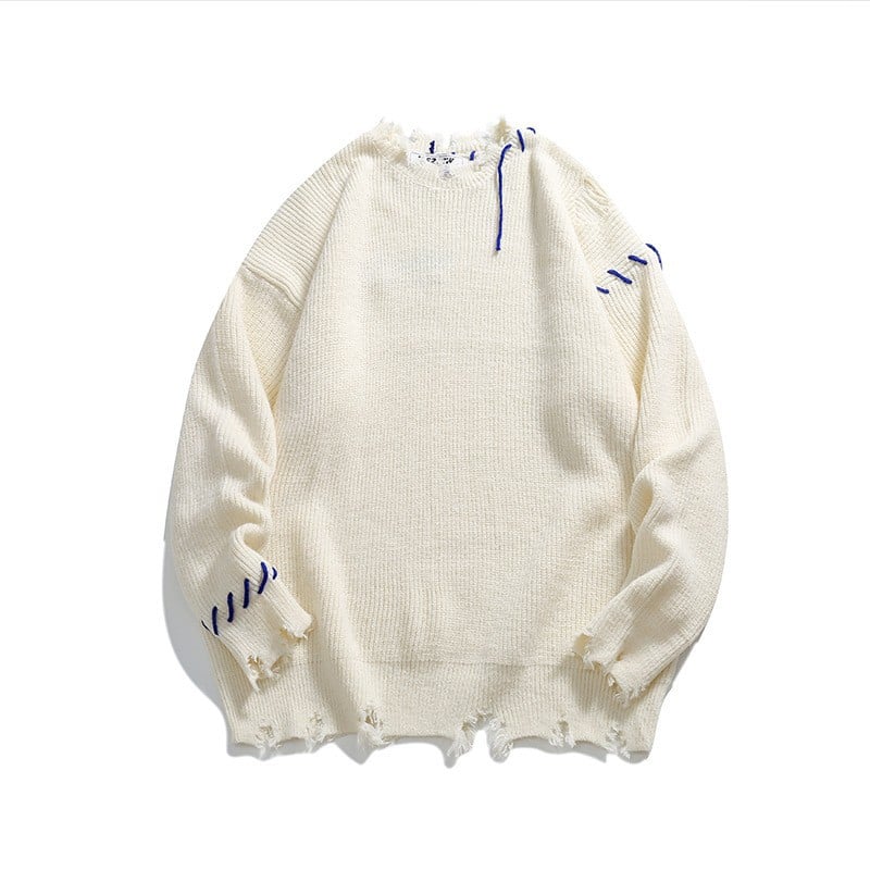 High Street Hip Hop Ripped Green Sweater with Embroidery