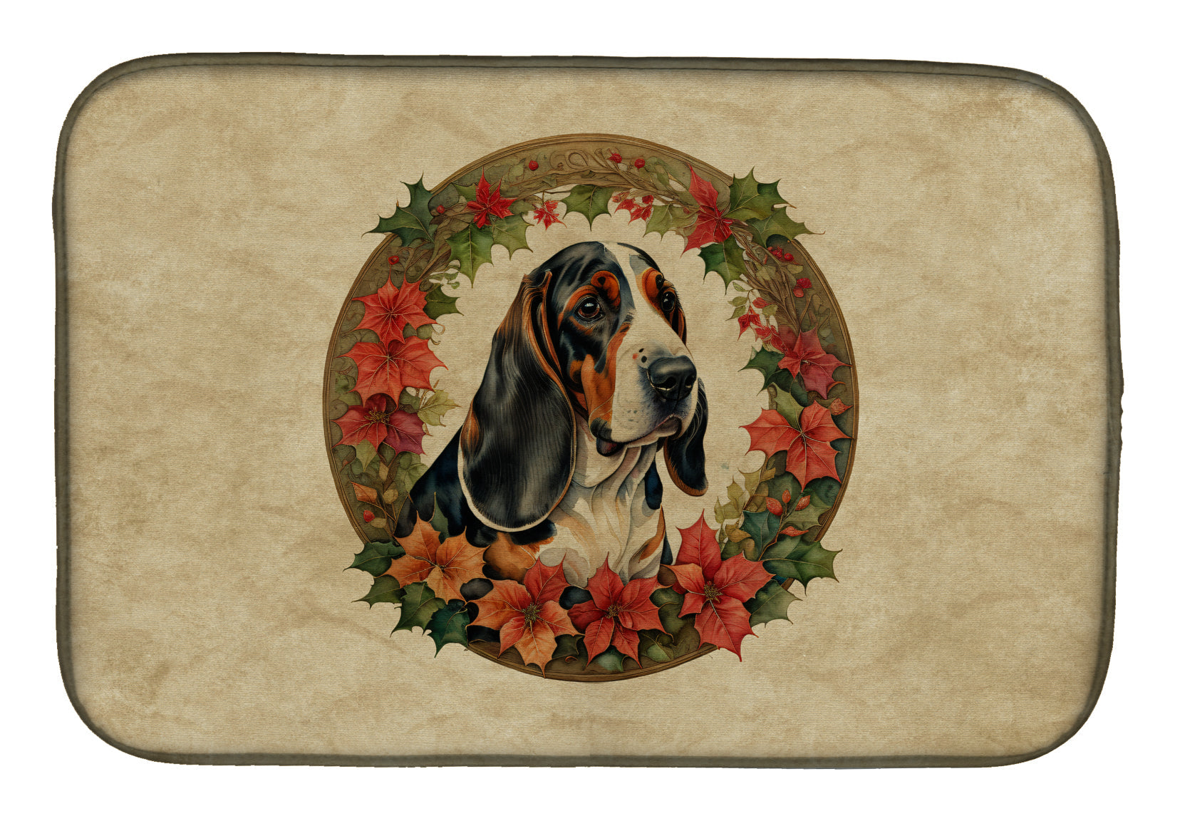 Basset Hound Christmas Flowers Dish Drying Mat