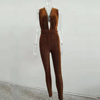 Women's Deep V Shiny Bodysuit with Backless Design