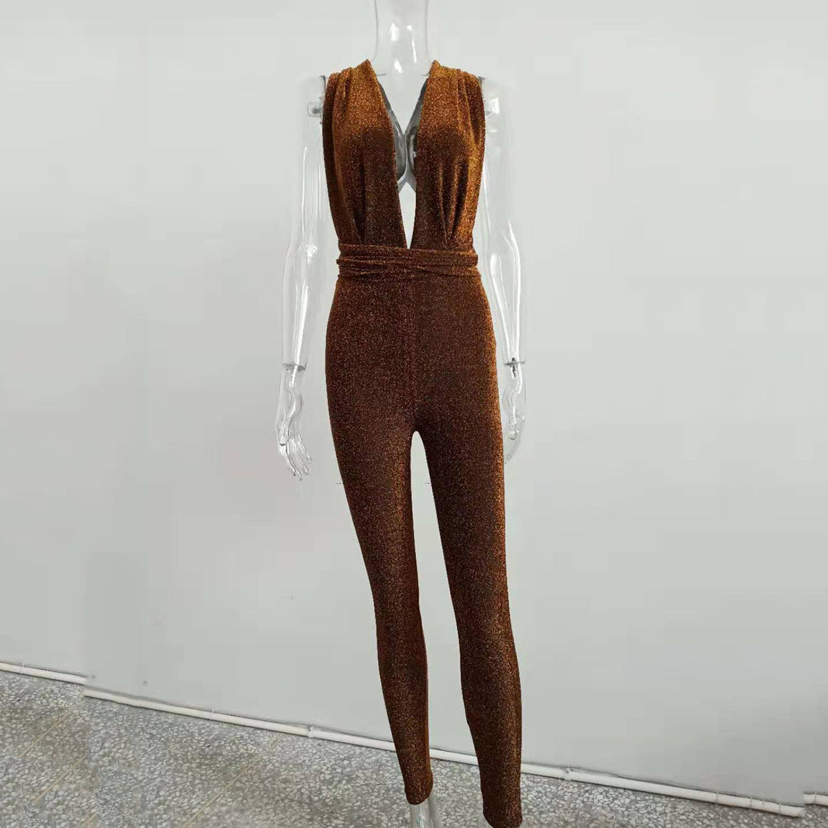 Women's Deep V Shiny Bodysuit with Backless Design