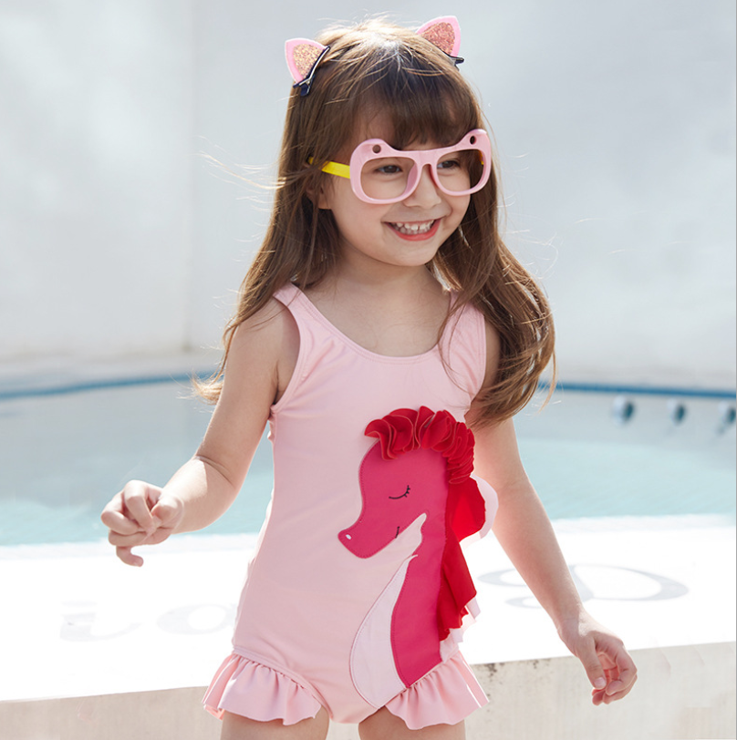 Girls' Cartoon One-Piece Swimsuit with Pony Design