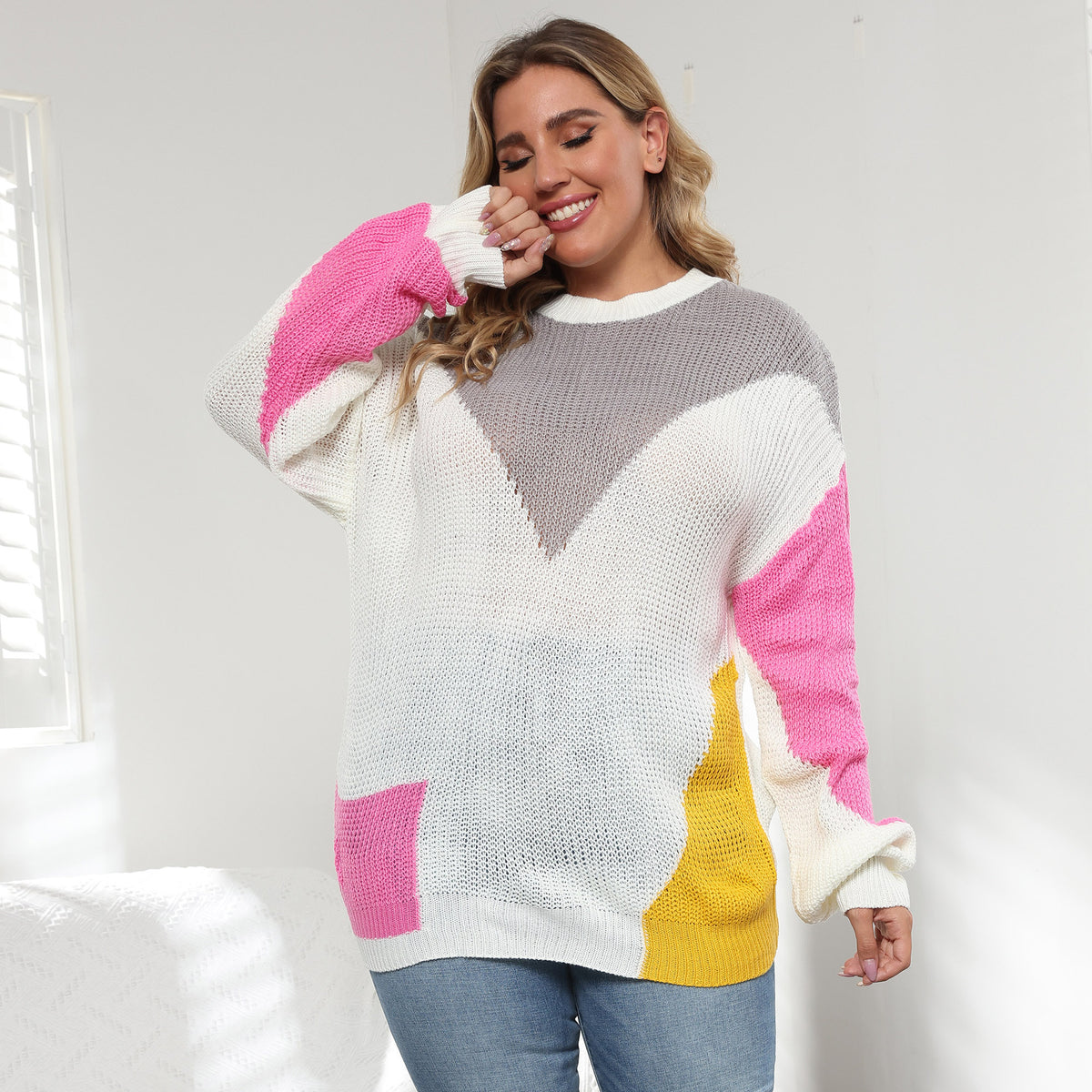 Plus Size Women's Contrast Stitch Pullover Sweater | Streetwear