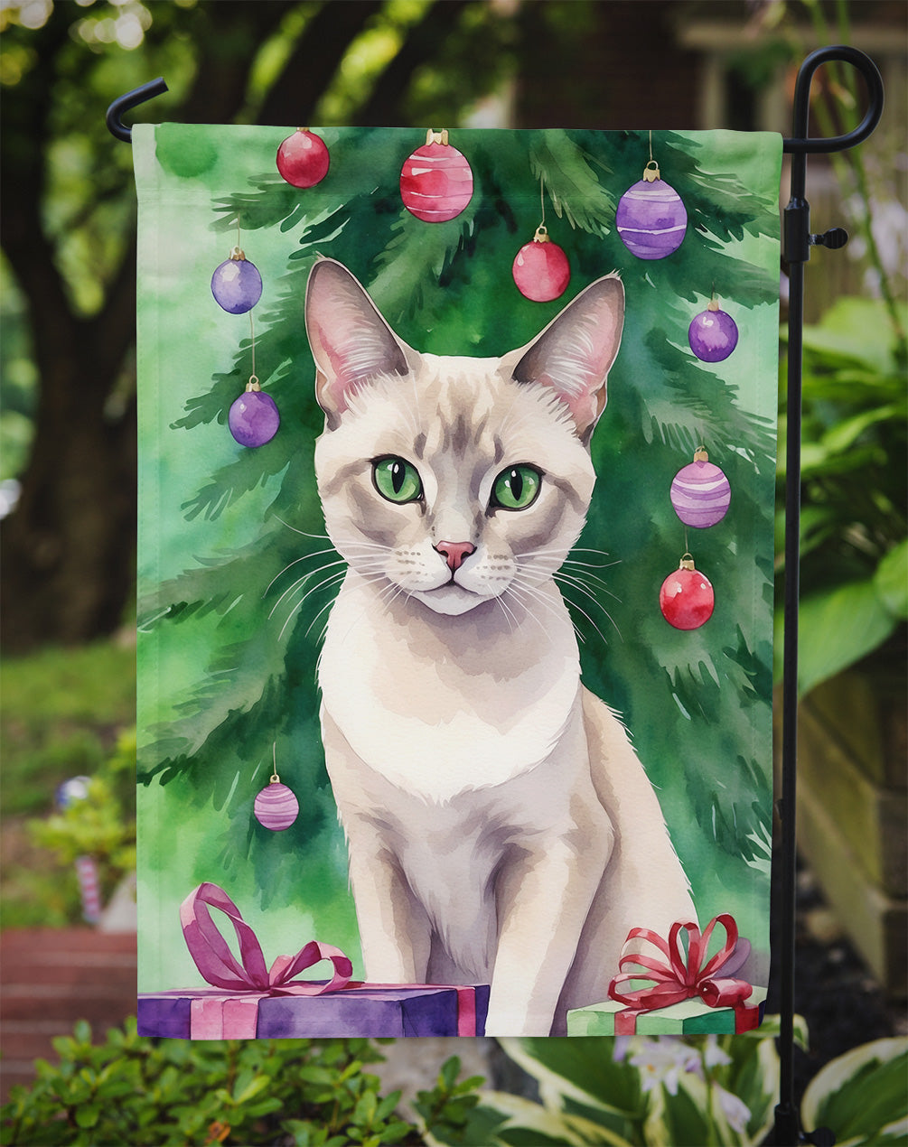 Thai Lilac Cat By the Christmas Tree Garden Flag