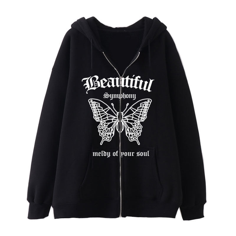 Dark Butterfly Print Zip Casual Cardigan Sweatshirt | Streetwear