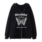 Dark Butterfly Print Zip Casual Cardigan Sweatshirt | Streetwear