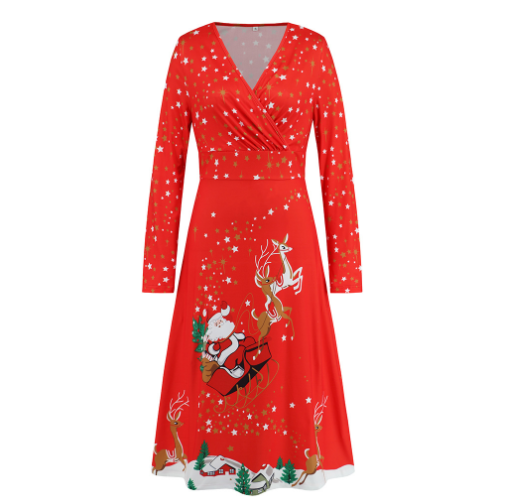 Women's Long Sleeve Christmas V-neck Printed Dress