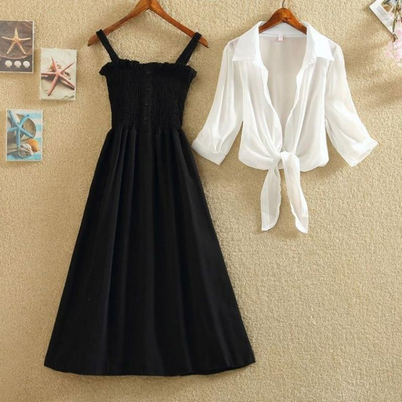 Korean Retro Summer Suit with Shawl Cardigan (Two-Piece)