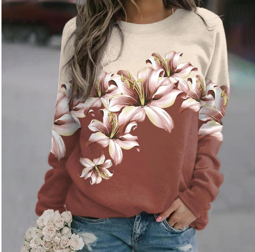 Women's Printed Round Neck Long Sleeve Pullover | Streetwear