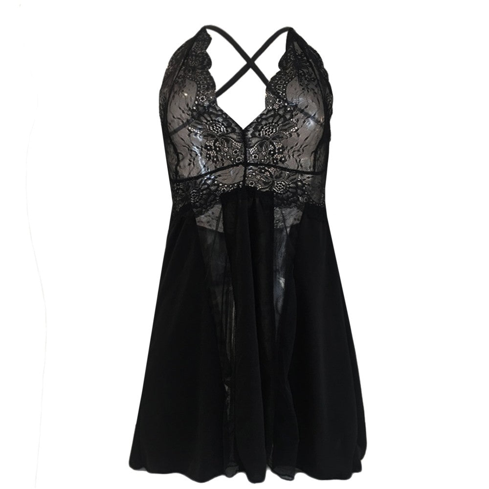Plus Size Sheer Lace Sleep Dress with Cross Straps