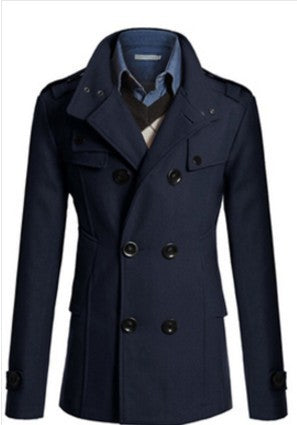 Men's Long Sleeve Wool Trench Coat with Stand Collar