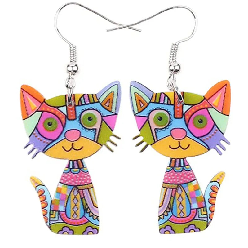Colorful Painted Cat Drop Earrings