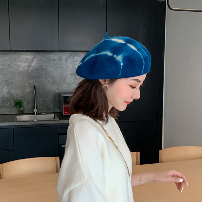 Tie-Dyed Fine Wool Beret Hat | Embroidered Cap