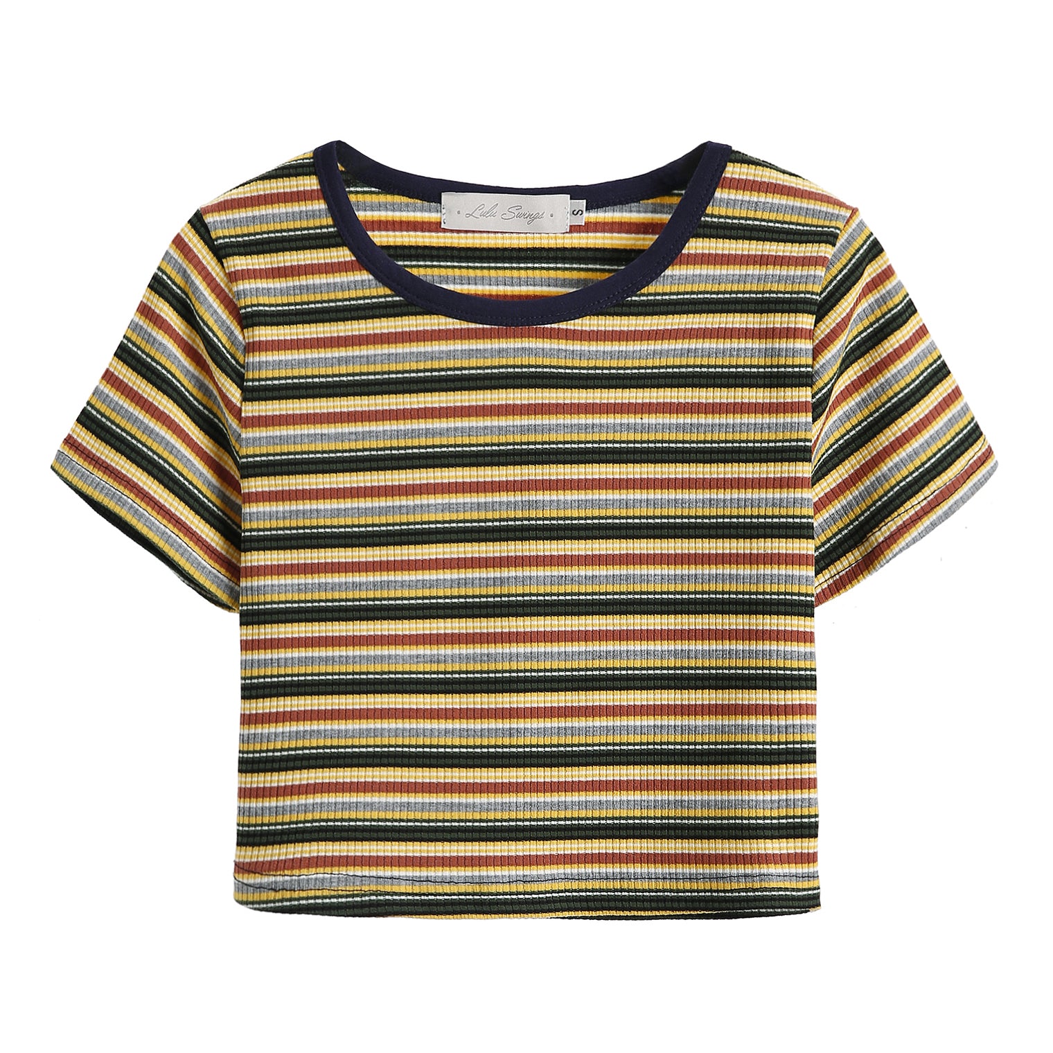 Striped Knit Crop Top T-Shirt with Round Neck