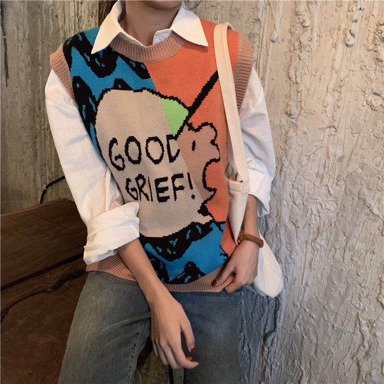 Kawaii Cartoon O-Neck Sleeveless Sweater Vest for Women