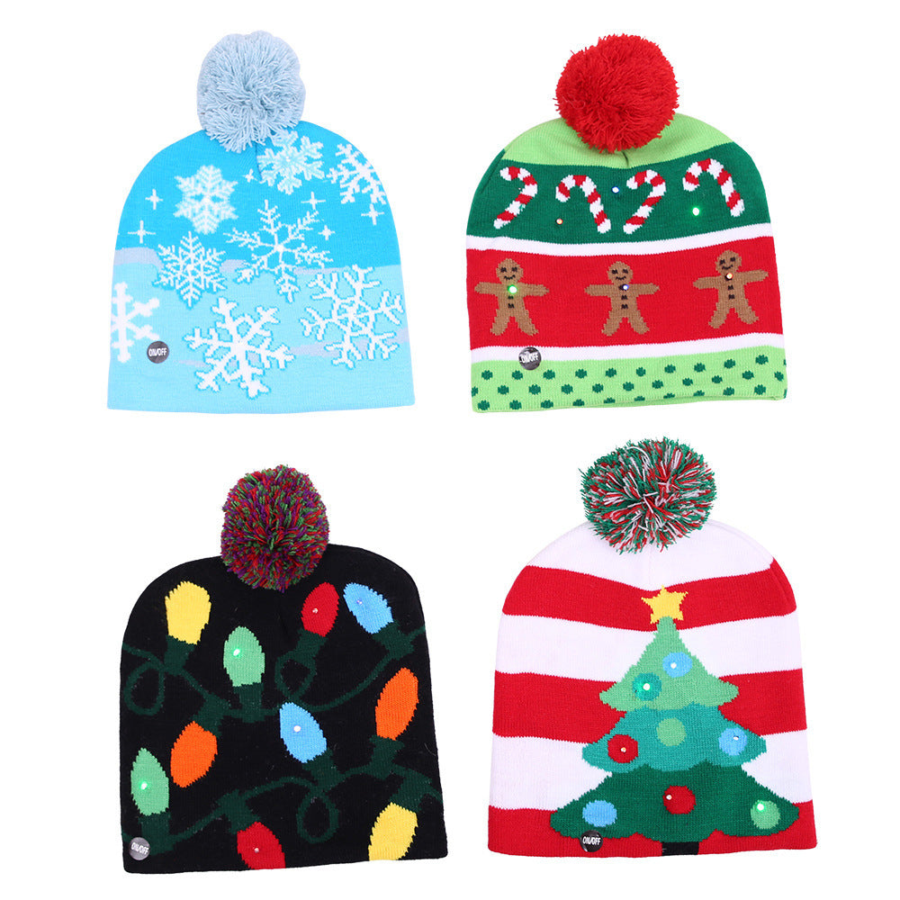 Knitted LED Hat with Christmas Tree and Snowman Design | Embroidered Cap