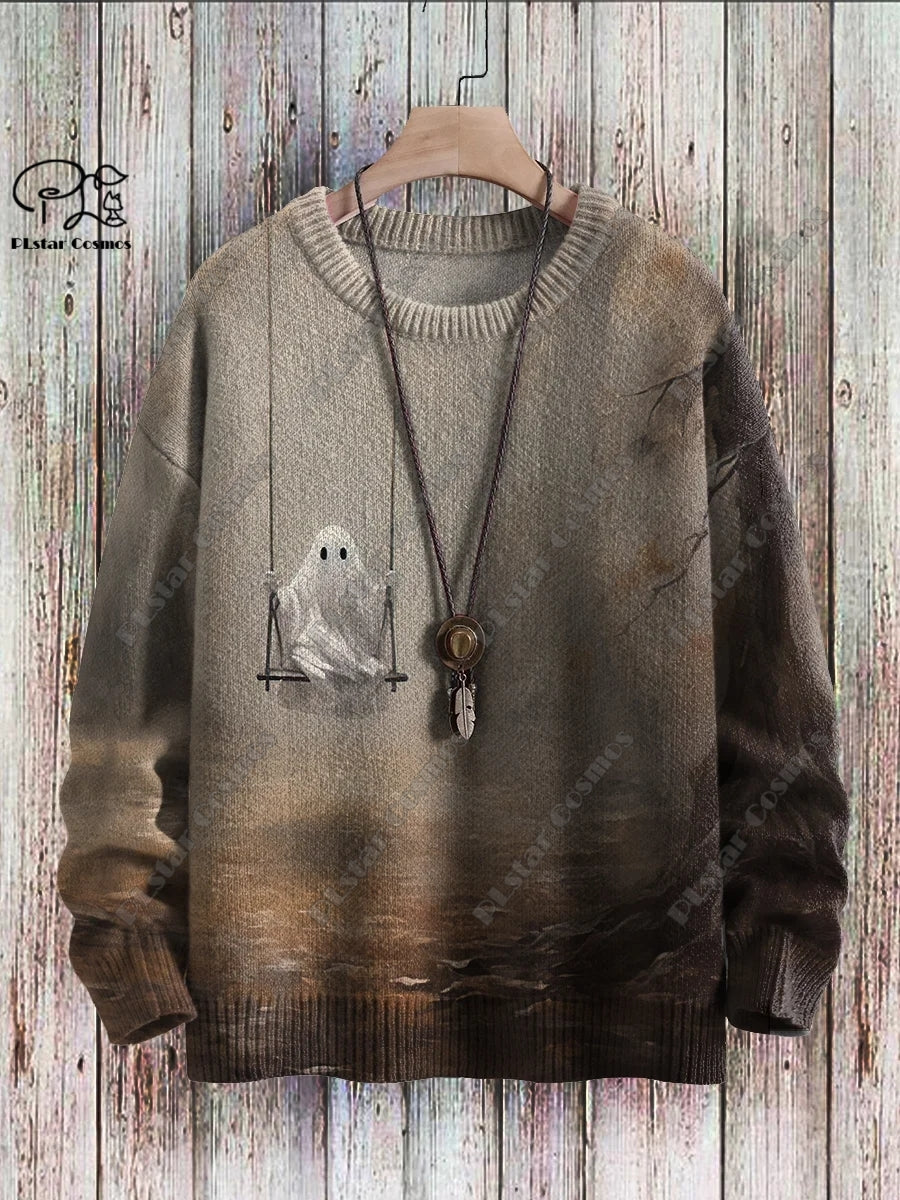 3D Printed Halloween Ghost Pattern Casual Winter Sweater