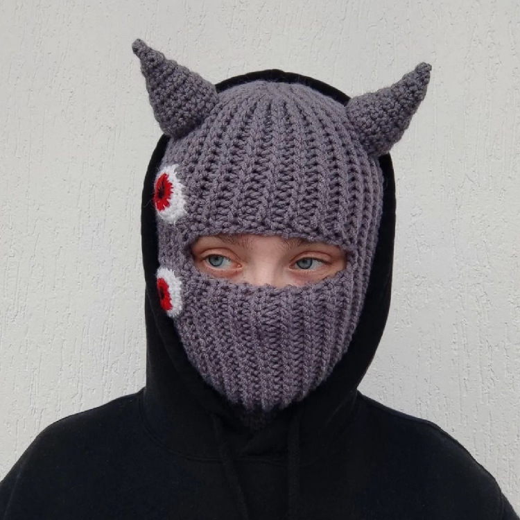 Devil Horn Balaclava - Funny Halloween Beanie Mask (One) | Embroidered Cap