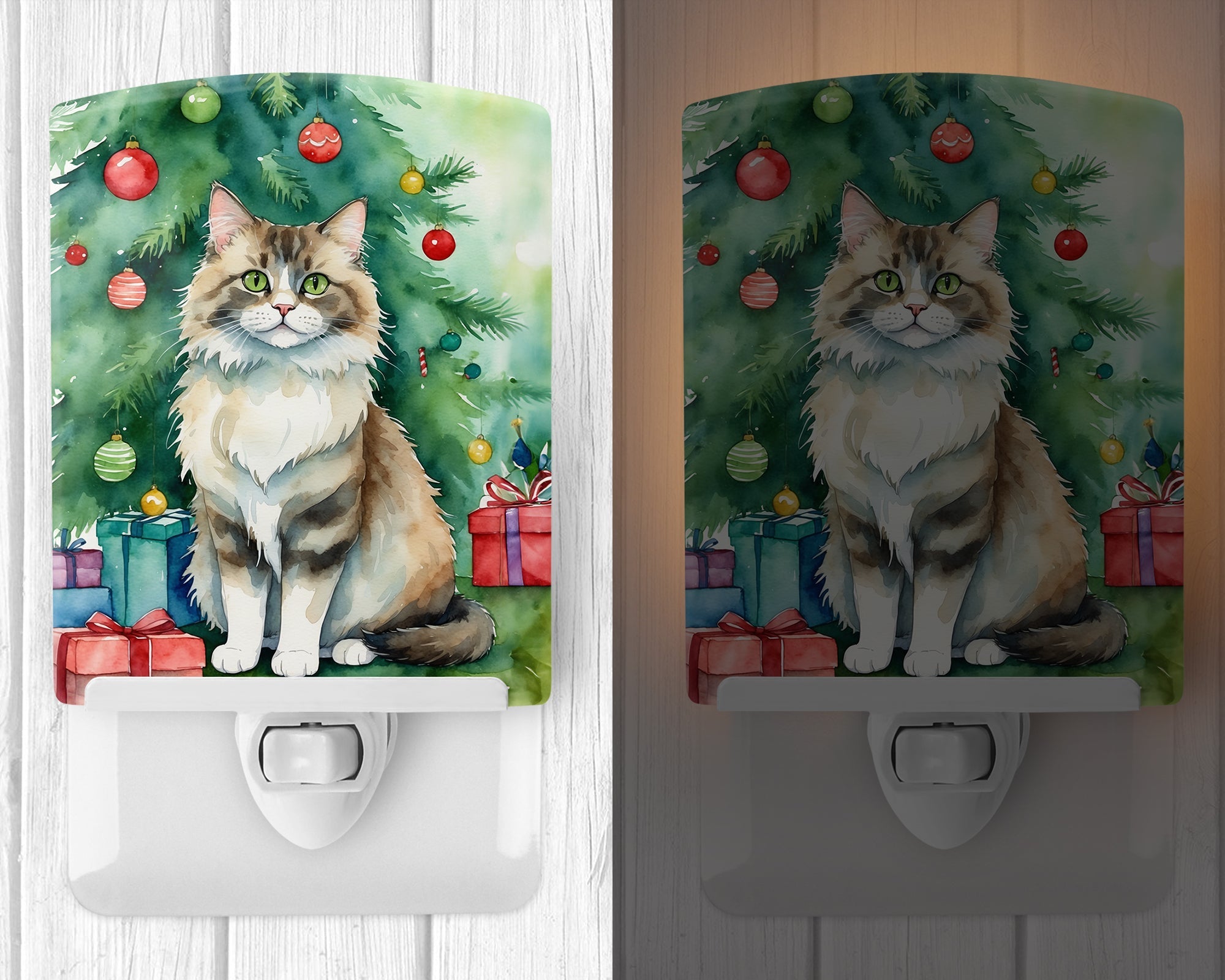 Ragamuffin Cat By the Christmas Tree Ceramic Night Light