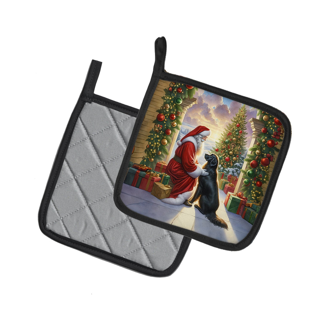 Flat-Coated Retriever and Santa Claus Pair of Pot Holders