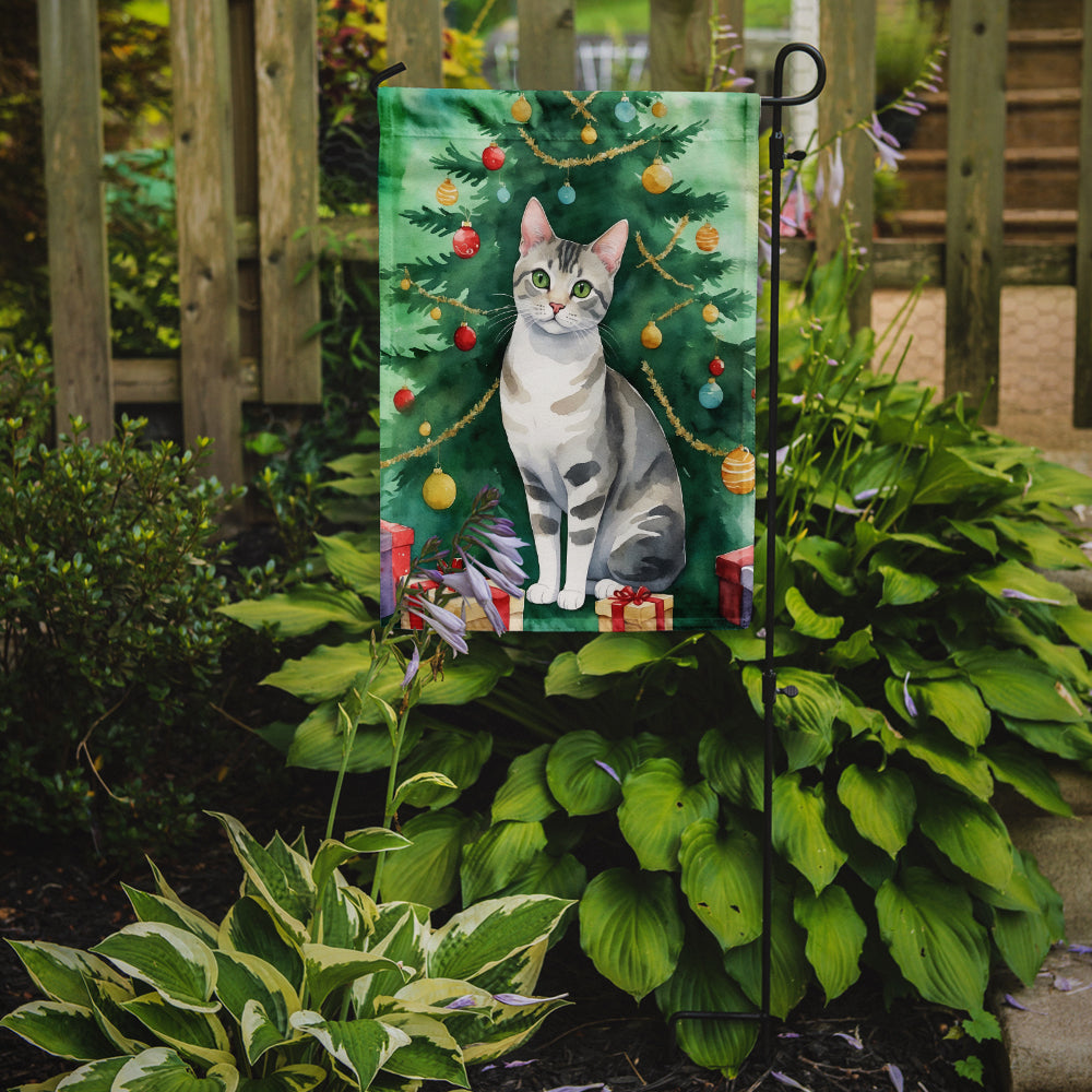 European Shorthair Cat By the Christmas Tree Garden Flag