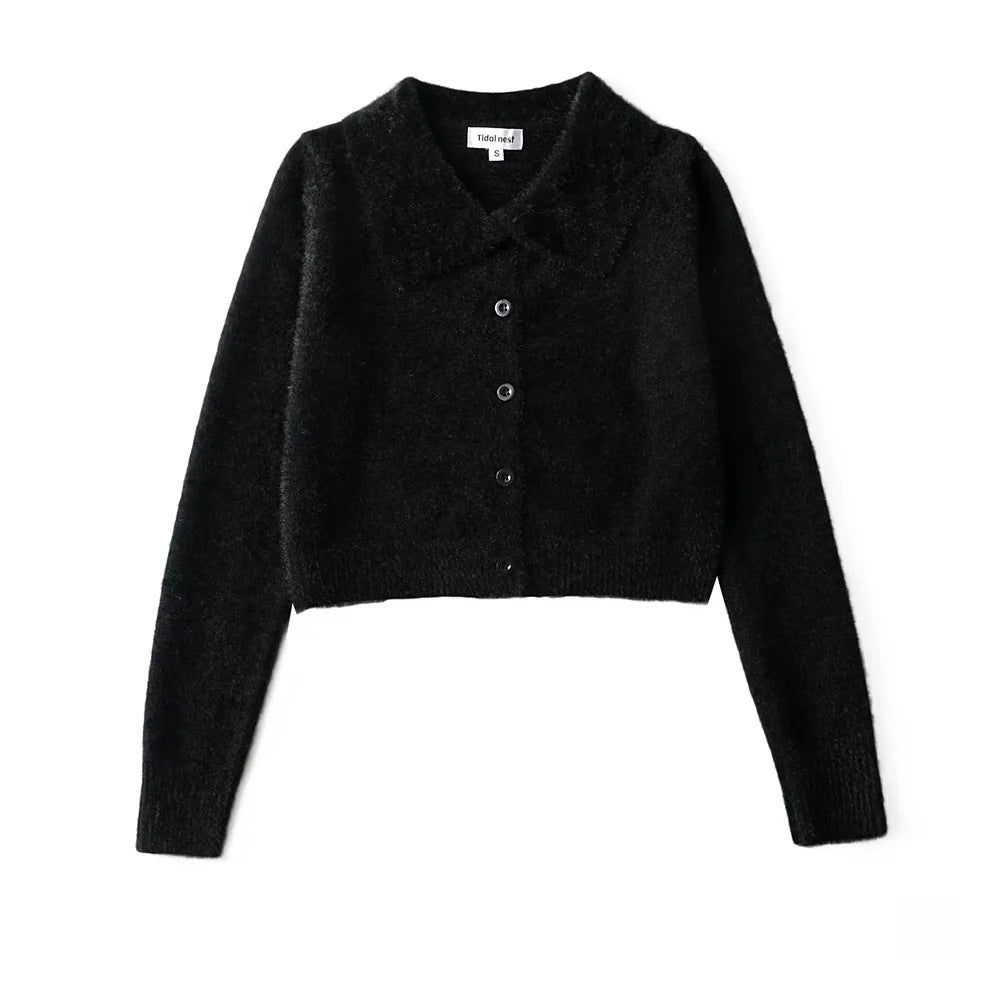 Knit Cardigan Jacket with Long Sleeves and Lapel Design