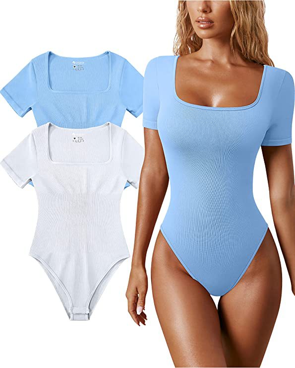 Summer Women's Ribbed Bodysuit with Square Neck