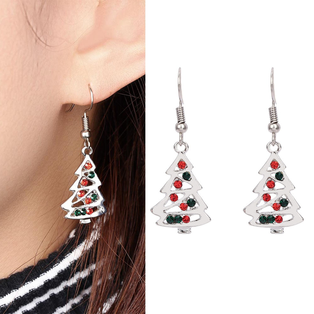 Christmas Tree Shaped Earrings with Red and Clear Crystals