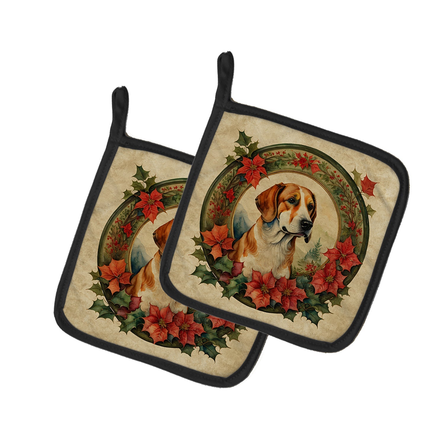 English Foxhound Christmas Flowers Pair of Pot Holders