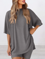 Women's Loose Fit Solid Color Short Sleeve & Shorts Casual Two-piece Set